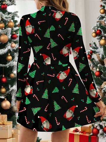 N_Standard Funnel Neck Plaid Dress Without Belt, Casual Minimalist Women Dress With Sleeves Suitable For Autumn And Winter