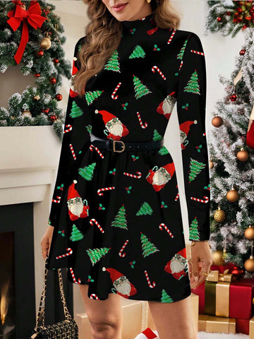 N_Standard Funnel Neck Plaid Dress Without Belt, Casual Minimalist Women Dress With Sleeves Suitable For Autumn And Winter