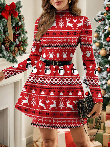 N_Standard Funnel Neck Plaid Sleeve Dress Without Belt, Casual Minimalist Style For Women, Suitable For Autumn/Winter