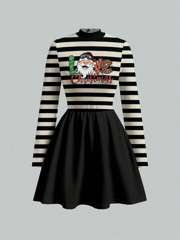 N_Standard Funnel Neck Plaid Sleeveless Dress Without Belt, Casual Striped Dress For Women, Suitable For Autumn/Winter Christmas