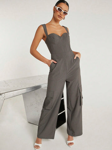Pinstriped Wide Leg Cargo Jumpsuit