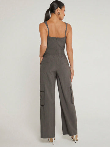 Pinstriped Wide Leg Cargo Jumpsuit