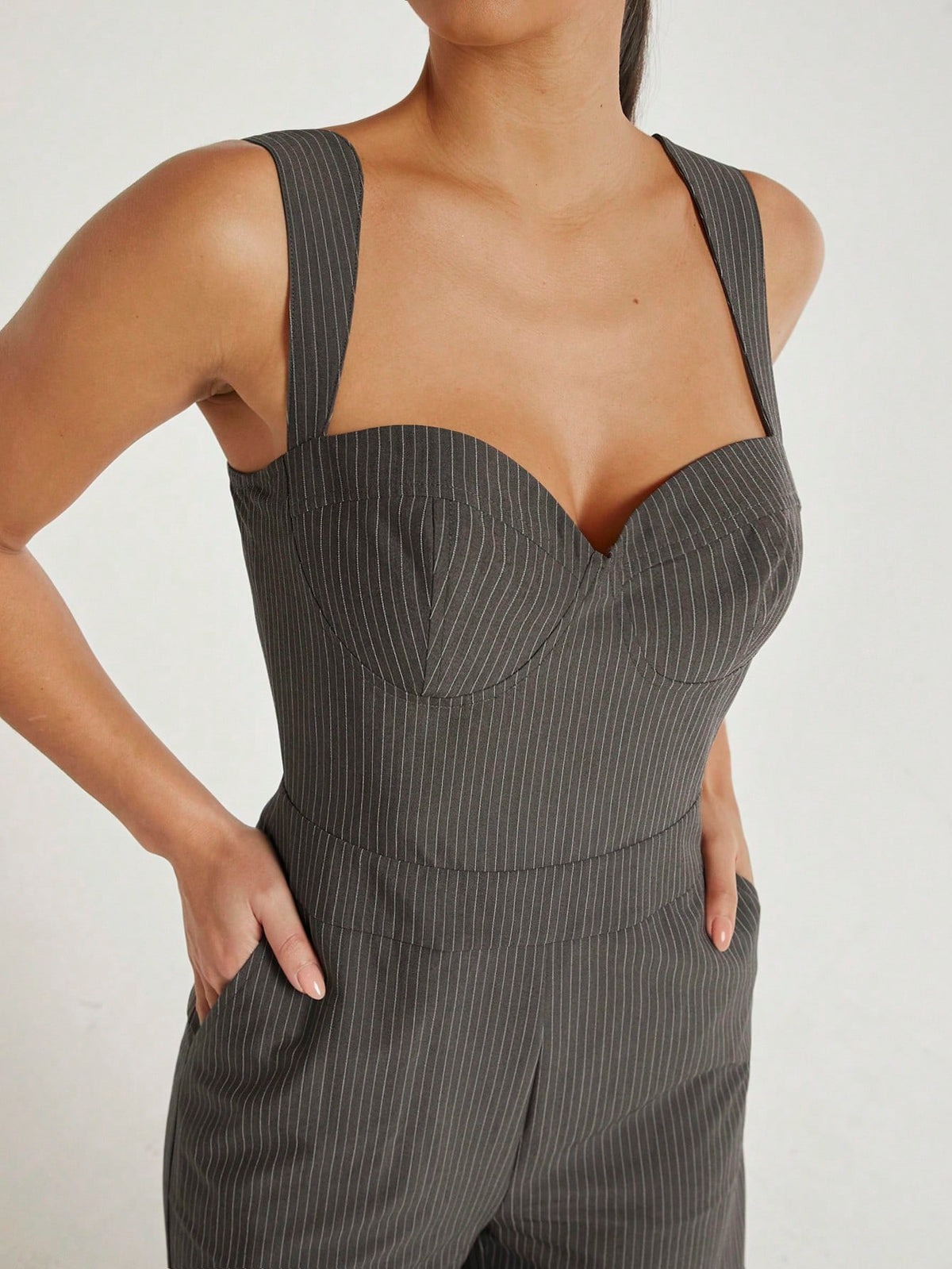 Pinstriped Wide Leg Cargo Jumpsuit
