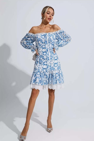 Navy Red Floral Off Shoulder Dress