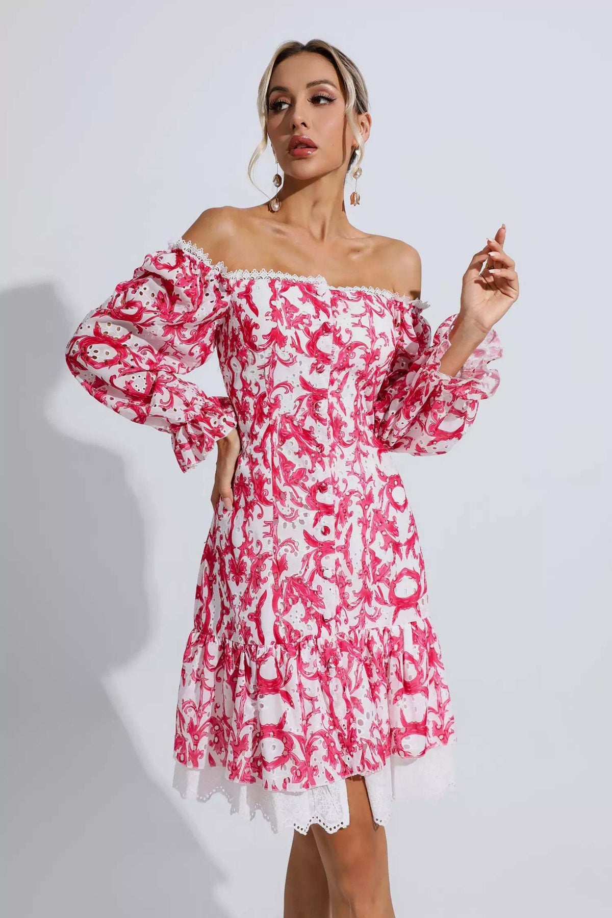 Navy Red Floral Off Shoulder Dress
