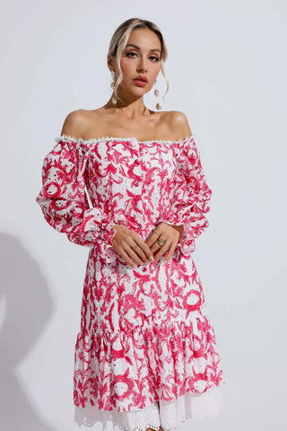 Navy Red Floral Off Shoulder Dress