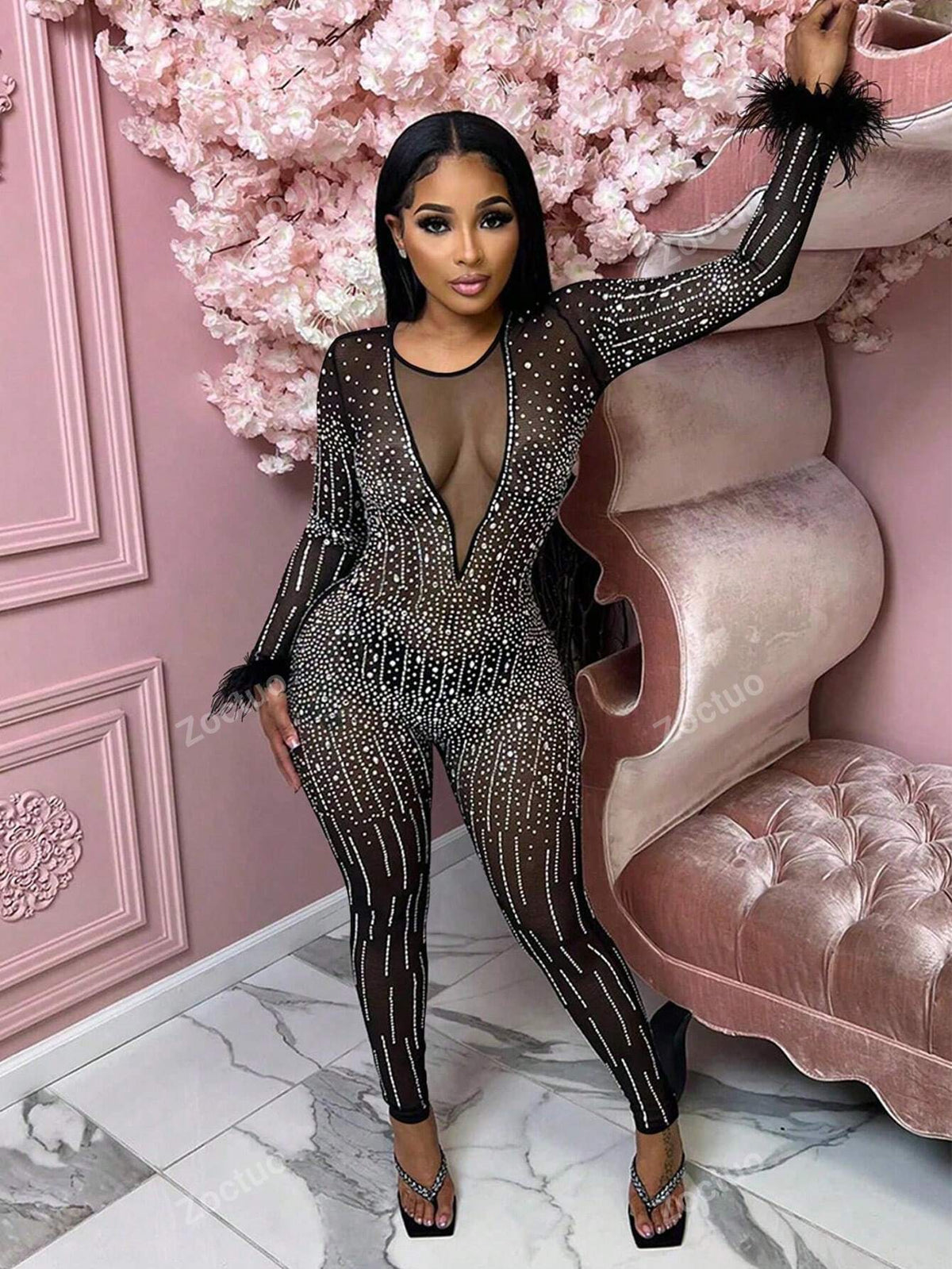 Netted Rhinestone V-Neck Long Sleeve Faux Feather Long Jumpsuit