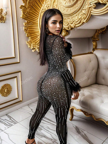 Netted Rhinestone V-Neck Long Sleeve Faux Feather Long Jumpsuit