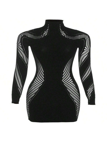 New Arrival Autumn/Winter European & American Sexy High Neck Long Sleeve Fitted Hollow Perforated Short Dress
