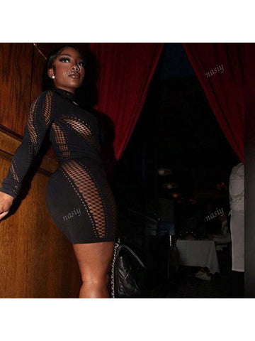 New Arrival Autumn/Winter European & American Sexy High Neck Long Sleeve Fitted Hollow Perforated Short Dress
