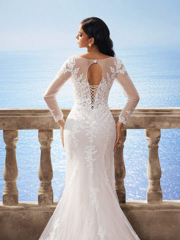 New Arrival Autumn/Winter Florence Mesh Long Sleeve Mermaid Heavy Lace Corset Victoria High-End Dress, Elegant Bride Mermaid Wedding Dress With Train For Outdoor Beach Wedding Party