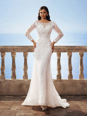 New Arrival Autumn/Winter Florence Mesh Long Sleeve Mermaid Heavy Lace Corset Victoria High-End Dress, Elegant Bride Mermaid Wedding Dress With Train For Outdoor Beach Wedding Party