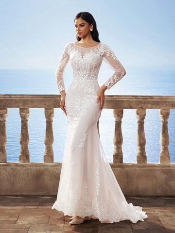 New Arrival Autumn/Winter Florence Mesh Long Sleeve Mermaid Heavy Lace Corset Victoria High-End Dress, Elegant Bride Mermaid Wedding Dress With Train For Outdoor Beach Wedding Party