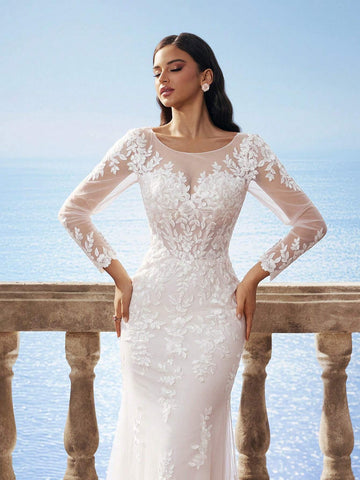 New Arrival Autumn/Winter Florence Mesh Long Sleeve Mermaid Heavy Lace Corset Victoria High-End Dress, Elegant Bride Mermaid Wedding Dress With Train For Outdoor Beach Wedding Party