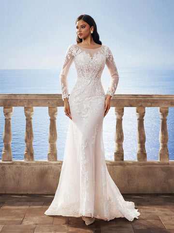 New Arrival Autumn/Winter Florence Mesh Long Sleeve Mermaid Heavy Lace Corset Victoria High-End Dress, Elegant Bride Mermaid Wedding Dress With Train For Outdoor Beach Wedding Party