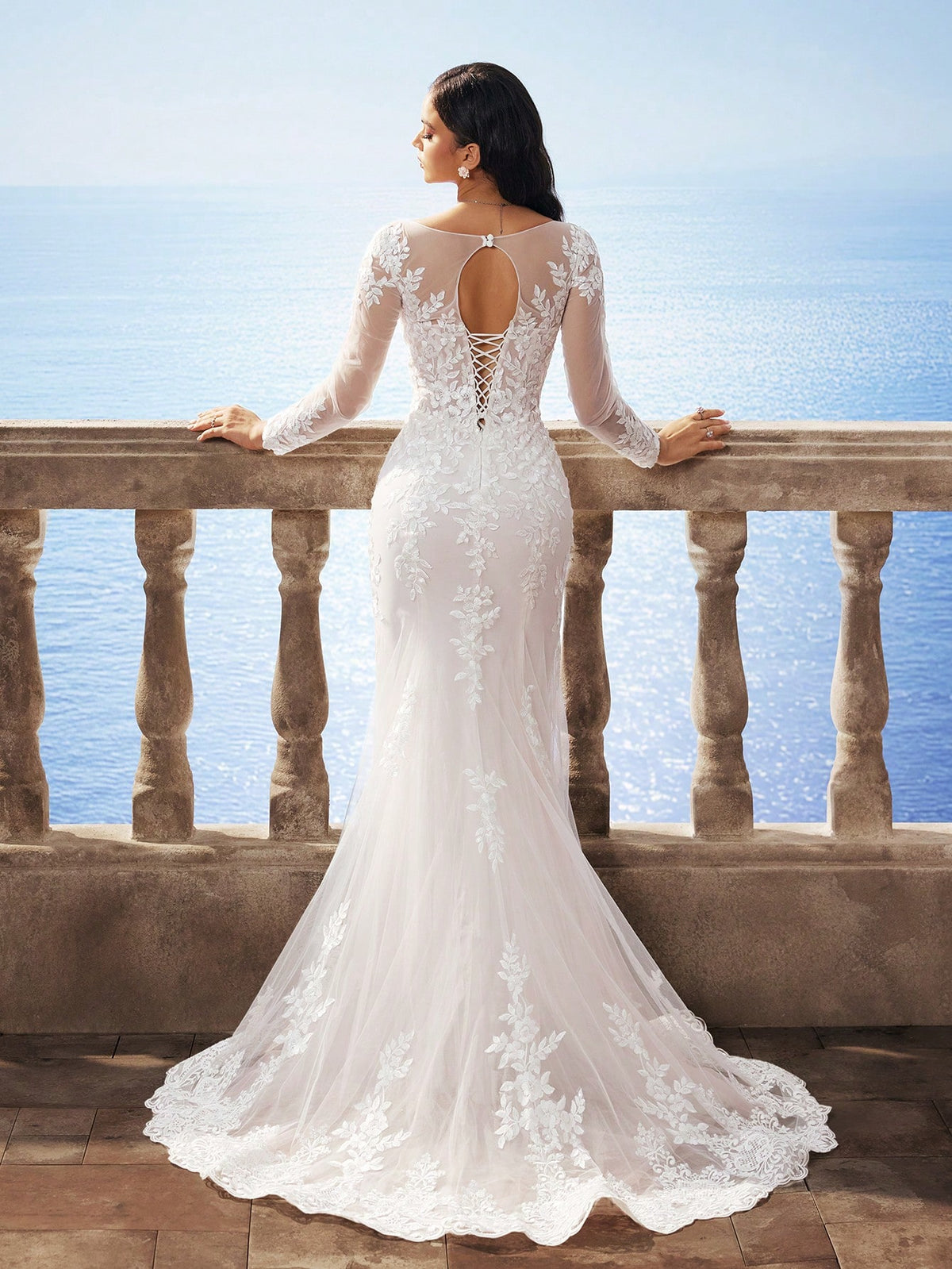 New Arrival Autumn/Winter Florence Mesh Long Sleeve Mermaid Heavy Lace Corset Victoria High-End Dress, Elegant Bride Mermaid Wedding Dress With Train For Outdoor Beach Wedding Party
