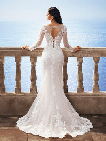 New Arrival Autumn/Winter Florence Mesh Long Sleeve Mermaid Heavy Lace Corset Victoria High-End Dress, Elegant Bride Mermaid Wedding Dress With Train For Outdoor Beach Wedding Party