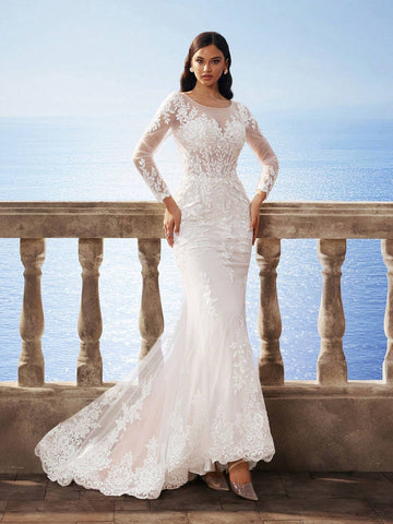 New Arrival Autumn/Winter Florence Mesh Long Sleeve Mermaid Heavy Lace Corset Victoria High-End Dress, Elegant Bride Mermaid Wedding Dress With Train For Outdoor Beach Wedding Party