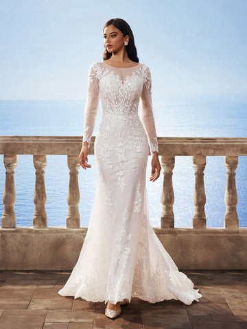 New Arrival Autumn/Winter Florence Mesh Long Sleeve Mermaid Heavy Lace Corset Victoria High-End Dress, Elegant Bride Mermaid Wedding Dress With Train For Outdoor Beach Wedding Party