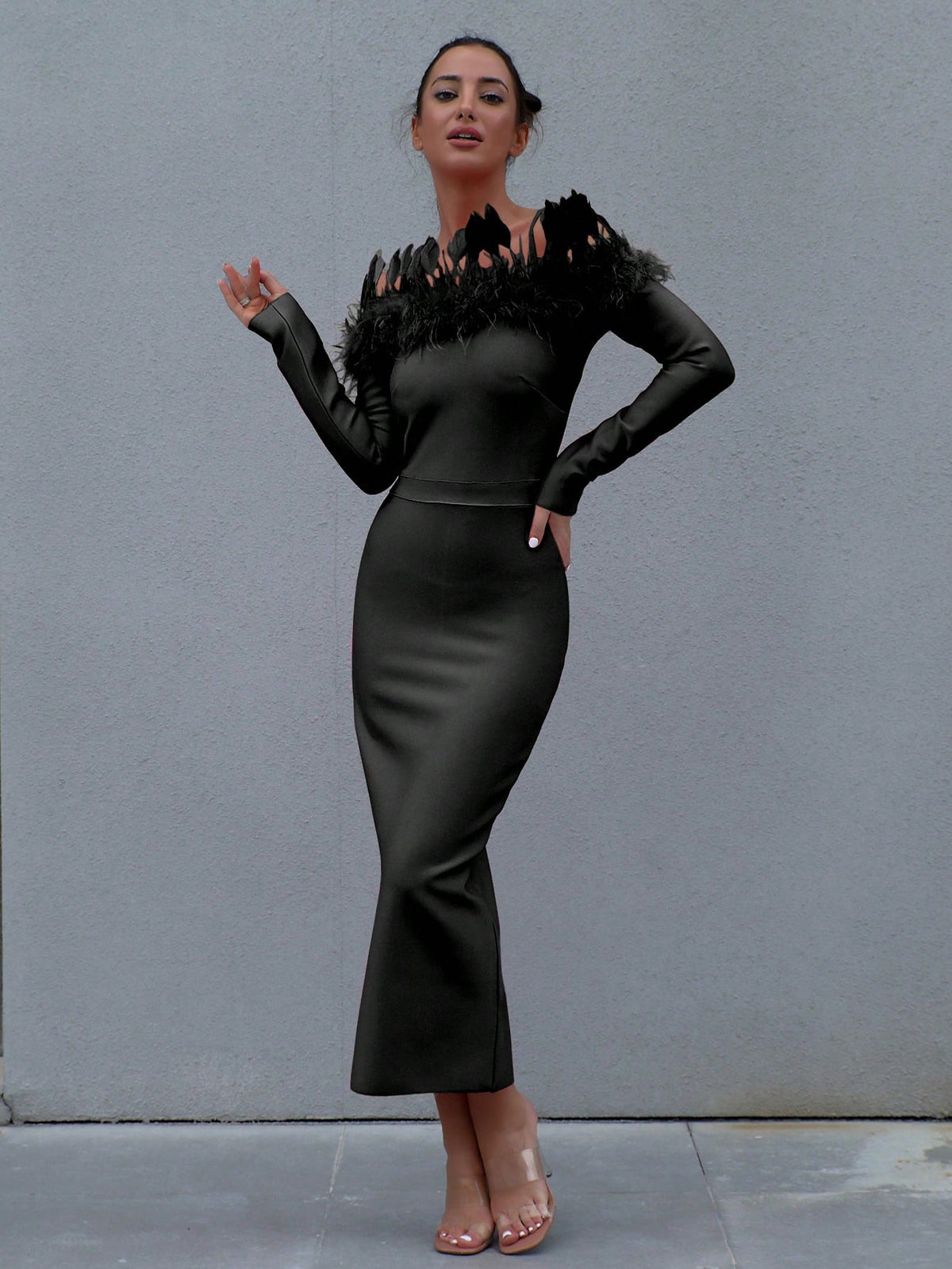 New Arrival Black Feather Splicing One Shoulder Long Sleeve Bandage Dress