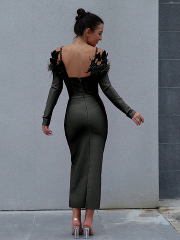 New Arrival Black Feather Splicing One Shoulder Long Sleeve Bandage Dress