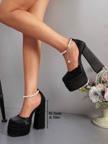 New Arrival Christmas Women's Super High Chunky Heel Pearl One-Strap Buckle Pumps, Elegant Fashion