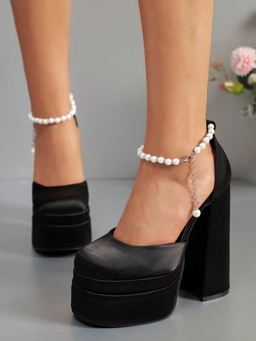 New Arrival Christmas Women's Super High Chunky Heel Pearl One-Strap Buckle Pumps, Elegant Fashion
