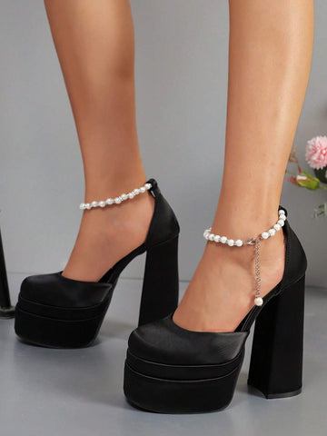 New Arrival Christmas Women's Super High Chunky Heel Pearl One-Strap Buckle Pumps, Elegant Fashion