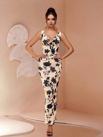 New Arrival Elegant Knitted Digital Print Backless Fitted Long Dress With Deep V Neck, High Waist And Tie Waist Details, Unique Design For Wedding Party Gown, Cocktail Dress, Afternoon Tea, Unqiue Allure For Multiple Occasions