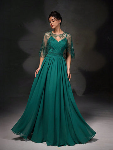 New Arrival Elegant Lace Embroidered Cape Sleeveless Dress Party Dress Set