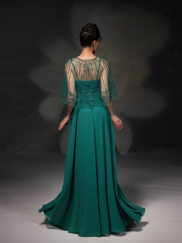 New Arrival Elegant Lace Embroidered Cape Sleeveless Dress Party Dress Set