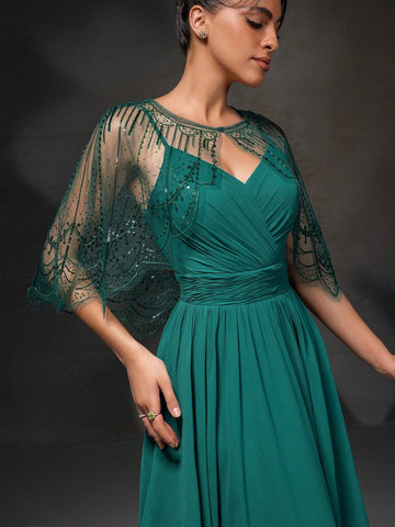 New Arrival Elegant Lace Embroidered Cape Sleeveless Dress Party Dress Set