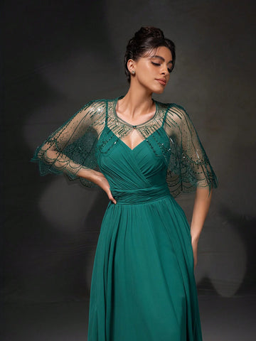 New Arrival Elegant Lace Embroidered Cape Sleeveless Dress Party Dress Set