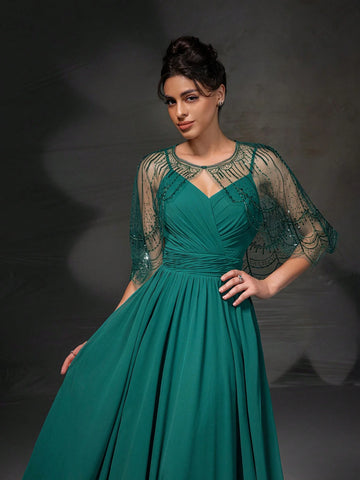 New Arrival Elegant Lace Embroidered Cape Sleeveless Dress Party Dress Set