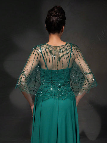 New Arrival Elegant Lace Embroidered Cape Sleeveless Dress Party Dress Set