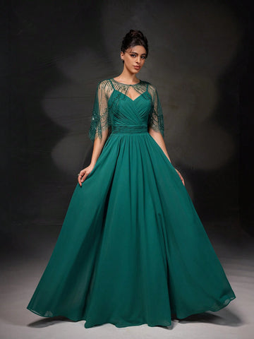 New Arrival Elegant Lace Embroidered Cape Sleeveless Dress Party Dress Set