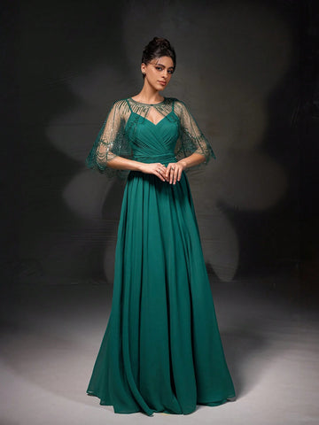 New Arrival Elegant Lace Embroidered Cape Sleeveless Dress Party Dress Set