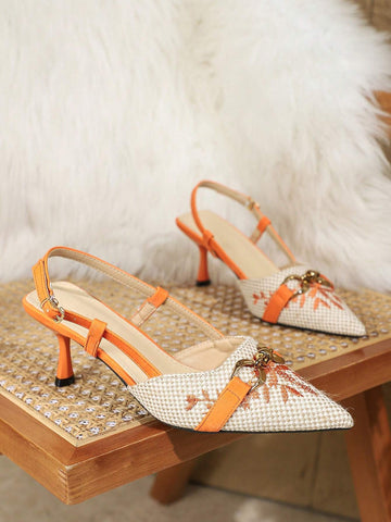 New Arrival Fashionable And Comfortable High Heel Pointed Toe Embroidered Slingback Shoes With Buckle Decoration