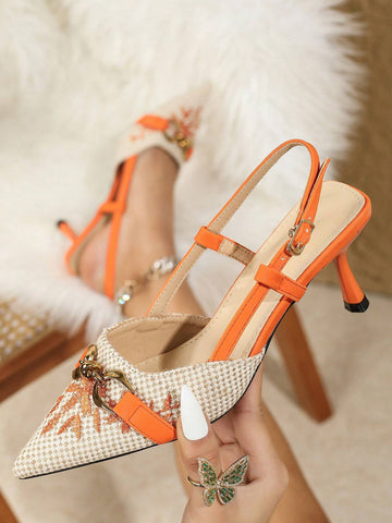 New Arrival Fashionable And Comfortable High Heel Pointed Toe Embroidered Slingback Shoes With Buckle Decoration