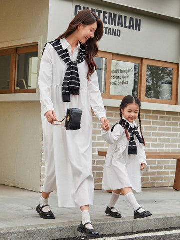 New Arrival Girls' Cute Stripe Cape Shirt Dress With Lapel Collar, Loose-Fit, Korean-Style, Mommy And Me Matching Outfits (2 Pieces Are Sold Separately)