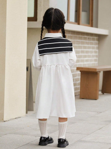 New Arrival Girls' Cute Stripe Cape Shirt Dress With Lapel Collar, Loose-Fit, Korean-Style, Mommy And Me Matching Outfits (2 Pieces Are Sold Separately)