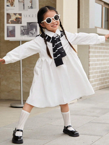 New Arrival Girls' Cute Stripe Cape Shirt Dress With Lapel Collar, Loose-Fit, Korean-Style, Mommy And Me Matching Outfits (2 Pieces Are Sold Separately)