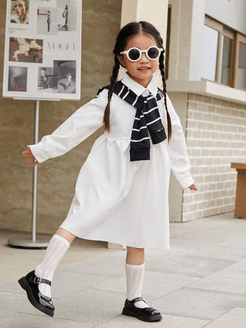 New Arrival Girls' Cute Stripe Cape Shirt Dress With Lapel Collar, Loose-Fit, Korean-Style, Mommy And Me Matching Outfits (2 Pieces Are Sold Separately)