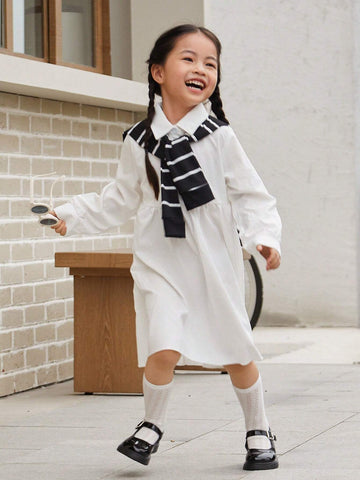 New Arrival Girls' Cute Stripe Cape Shirt Dress With Lapel Collar, Loose-Fit, Korean-Style, Mommy And Me Matching Outfits (2 Pieces Are Sold Separately)