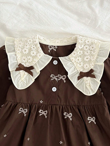 New Arrival Girls' Long Sleeve Lace Embroidery Dress, Sweet Style, Suitable For Spring And Autumn