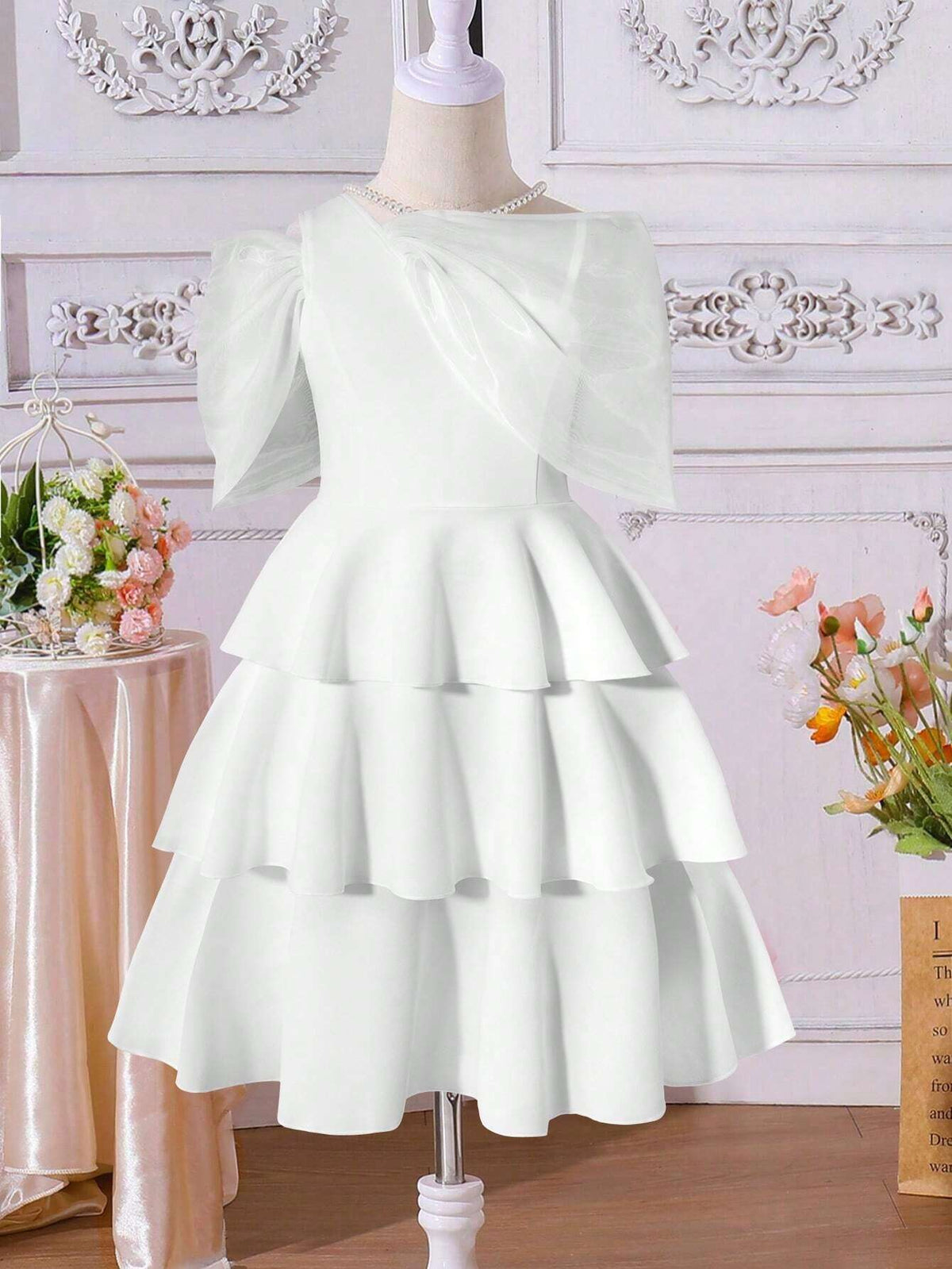 New Arrival Girls' Lovely Organza Bowknot Collar Layered Skirt Dress, Sibling Outfits Matching Outfits (3 Pieces Sold Separately)