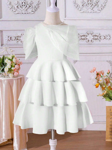 New Arrival Girls' Lovely Organza Bowknot Collar Layered Skirt Dress, Sibling Outfits Matching Outfits (3 Pieces Sold Separately)