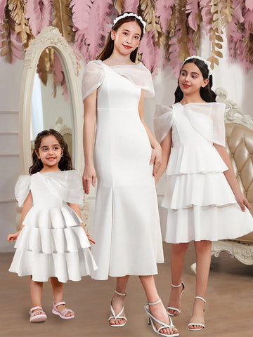 New Arrival Girls' Lovely Organza Bowknot Collar Layered Skirt Dress, Sibling Outfits Matching Outfits (3 Pieces Sold Separately)