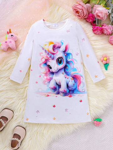 New Arrival Girls Unicorn Print Long Sleeve Dress, Autumn & Winter