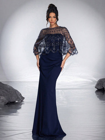 New Arrival High-End Elegant Sequin Shawl Bustier Mermaid Evening Dress With Beaded Detail